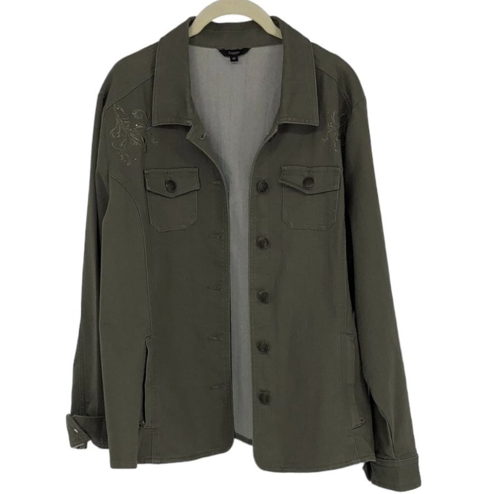 Haggar Moss Green Cotton Buttoned Jacket  w/floral embroidery sz 16